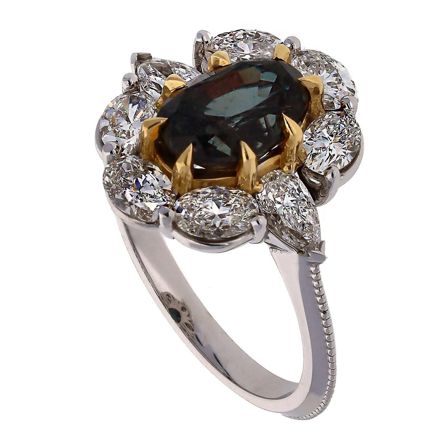 18K White and Yellow Gold Oval Alexandrite and Diamond Custom Design Ring