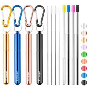 4 Pack Portable Reusable Metal Straw Collapsible Stainless Steel Drinking Straw Telescopic Straw to Drink Water Smoothie with Aluminum Key-chain Case & Cleaning Brush （Black & rose gold & blue & gold）