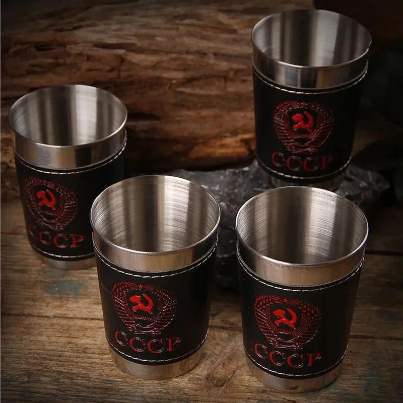 4Pcs 170ml Stainless Steel Travel Cups Portable Outdoor Camping Cup With Black PU Leather Tableware Wine Whiskey Mugs For Picnic