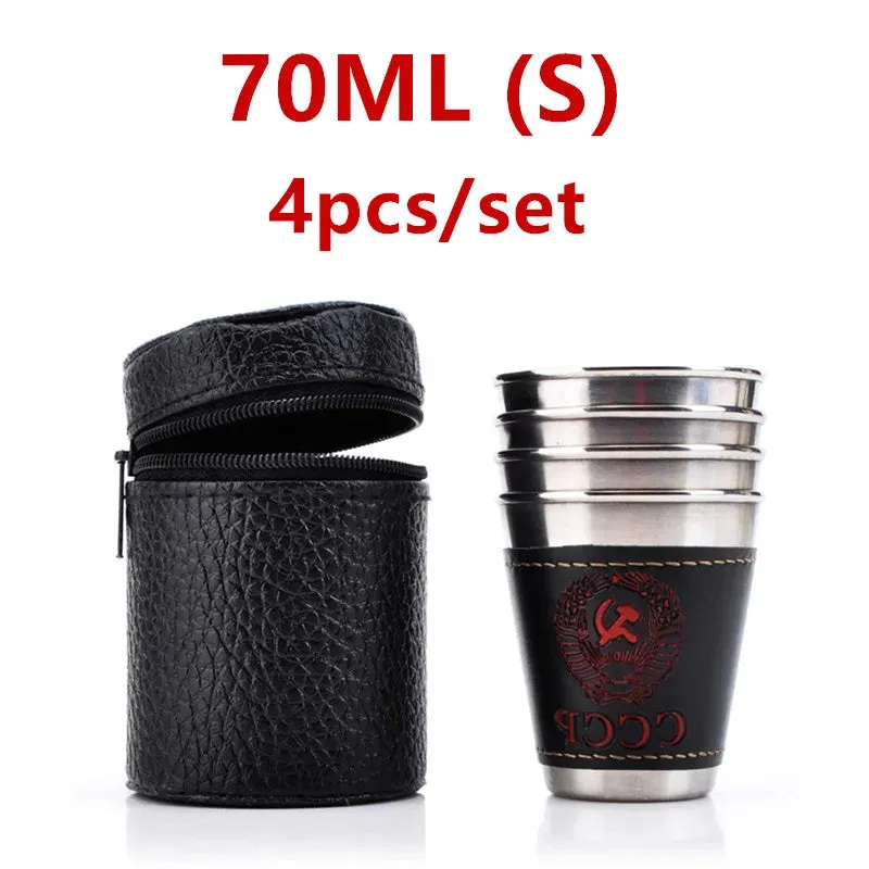 4Pcs 170ml Stainless Steel Travel Cups Portable Outdoor Camping Cup With Black PU Leather Tableware Wine Whiskey Mugs For Picnic