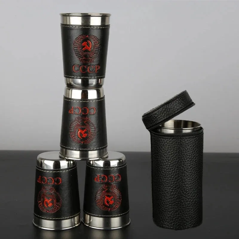 4Pcs 170ml Stainless Steel Travel Cups Portable Outdoor Camping Cup With Black PU Leather Tableware Wine Whiskey Mugs For Picnic