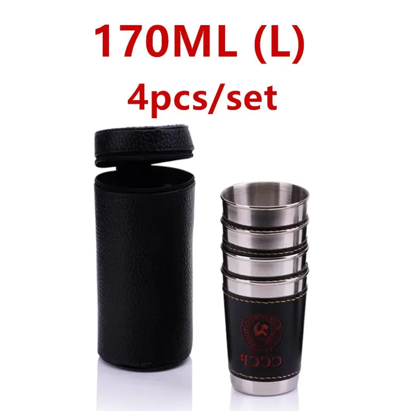 4Pcs 170ml Stainless Steel Travel Cups Portable Outdoor Camping Cup With Black PU Leather Tableware Wine Whiskey Mugs For Picnic