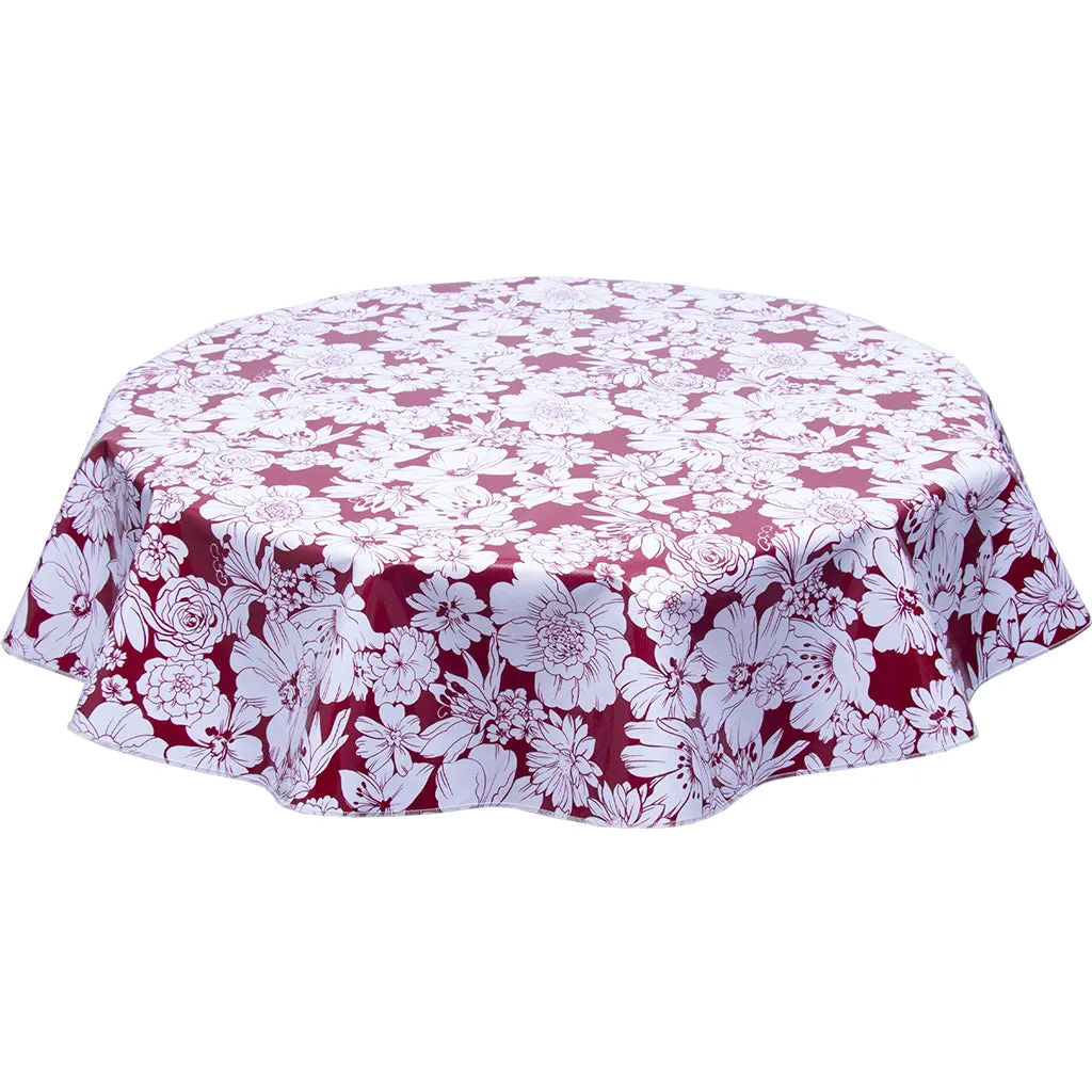 68" Round Oilcloth Tablecloth Chelsea Flowers on Burgundy