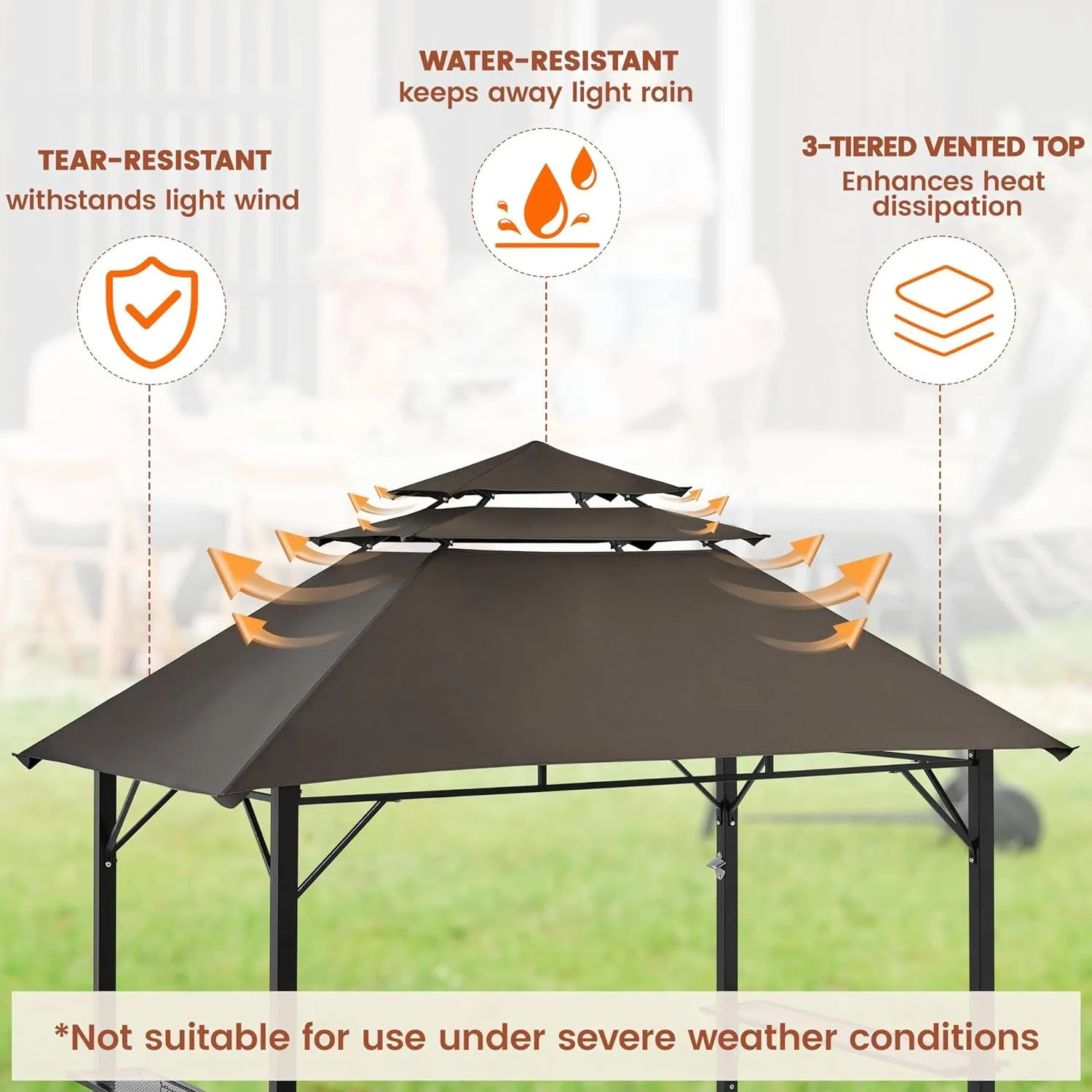 8X5' Grill Gazebo, 3-Tier Outdoor BBQ Gazebo with Height-Adjustable Shelves & 10 S-Shaped Hooks & Built-In Bottle Opener, Brown