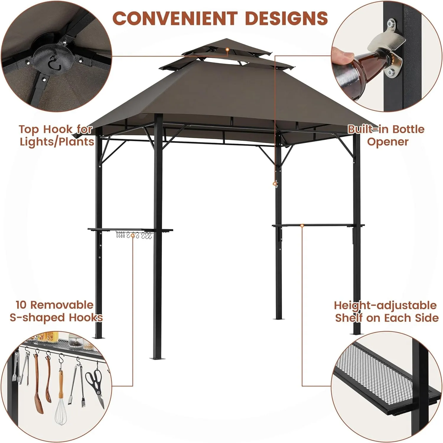 8X5' Grill Gazebo, 3-Tier Outdoor BBQ Gazebo with Height-Adjustable Shelves & 10 S-Shaped Hooks & Built-In Bottle Opener, Brown