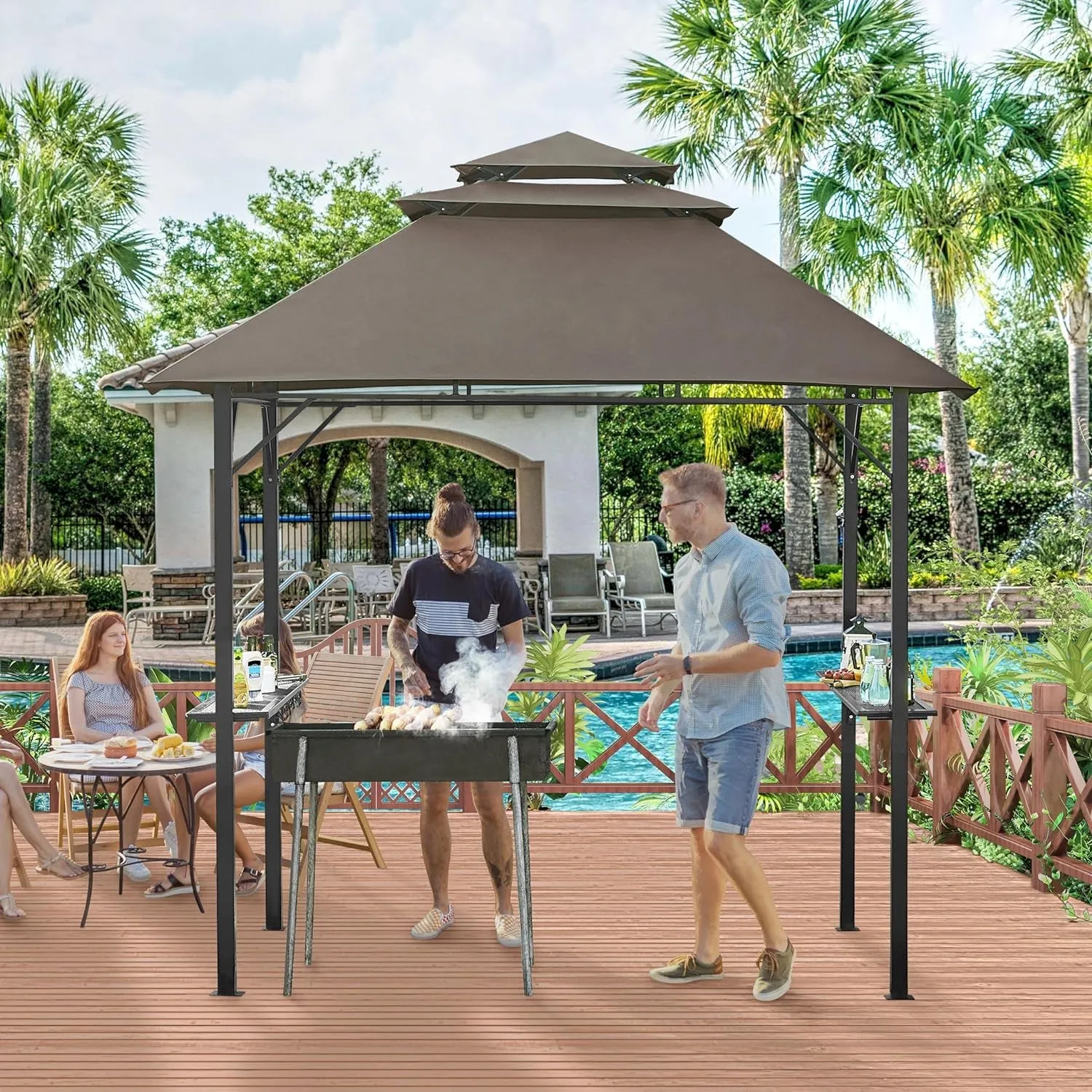 8X5' Grill Gazebo, 3-Tier Outdoor BBQ Gazebo with Height-Adjustable Shelves & 10 S-Shaped Hooks & Built-In Bottle Opener, Brown