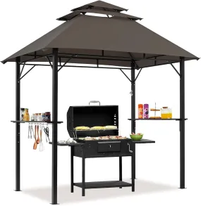 8X5' Grill Gazebo, 3-Tier Outdoor BBQ Gazebo with Height-Adjustable Shelves & 10 S-Shaped Hooks & Built-In Bottle Opener, Brown