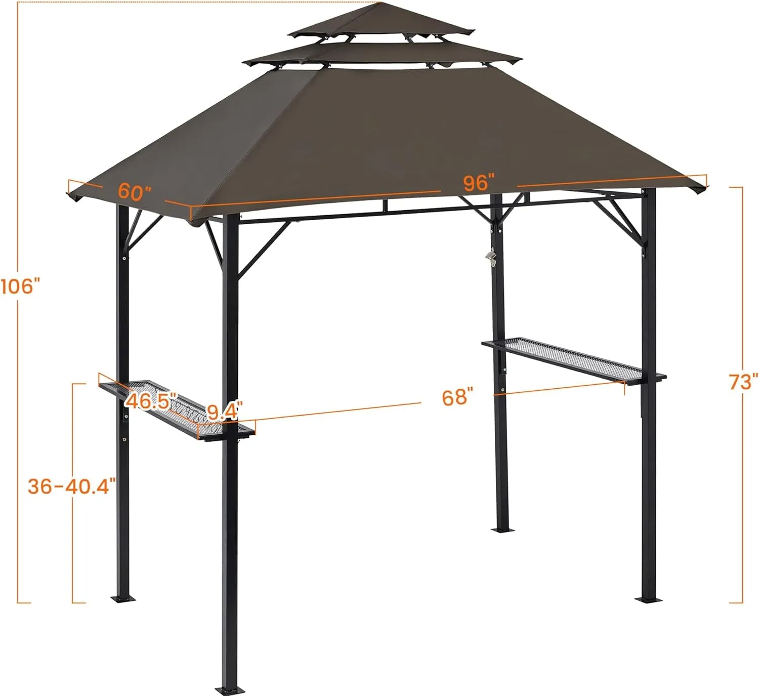 8X5' Grill Gazebo, 3-Tier Outdoor BBQ Gazebo with Height-Adjustable Shelves & 10 S-Shaped Hooks & Built-In Bottle Opener, Brown