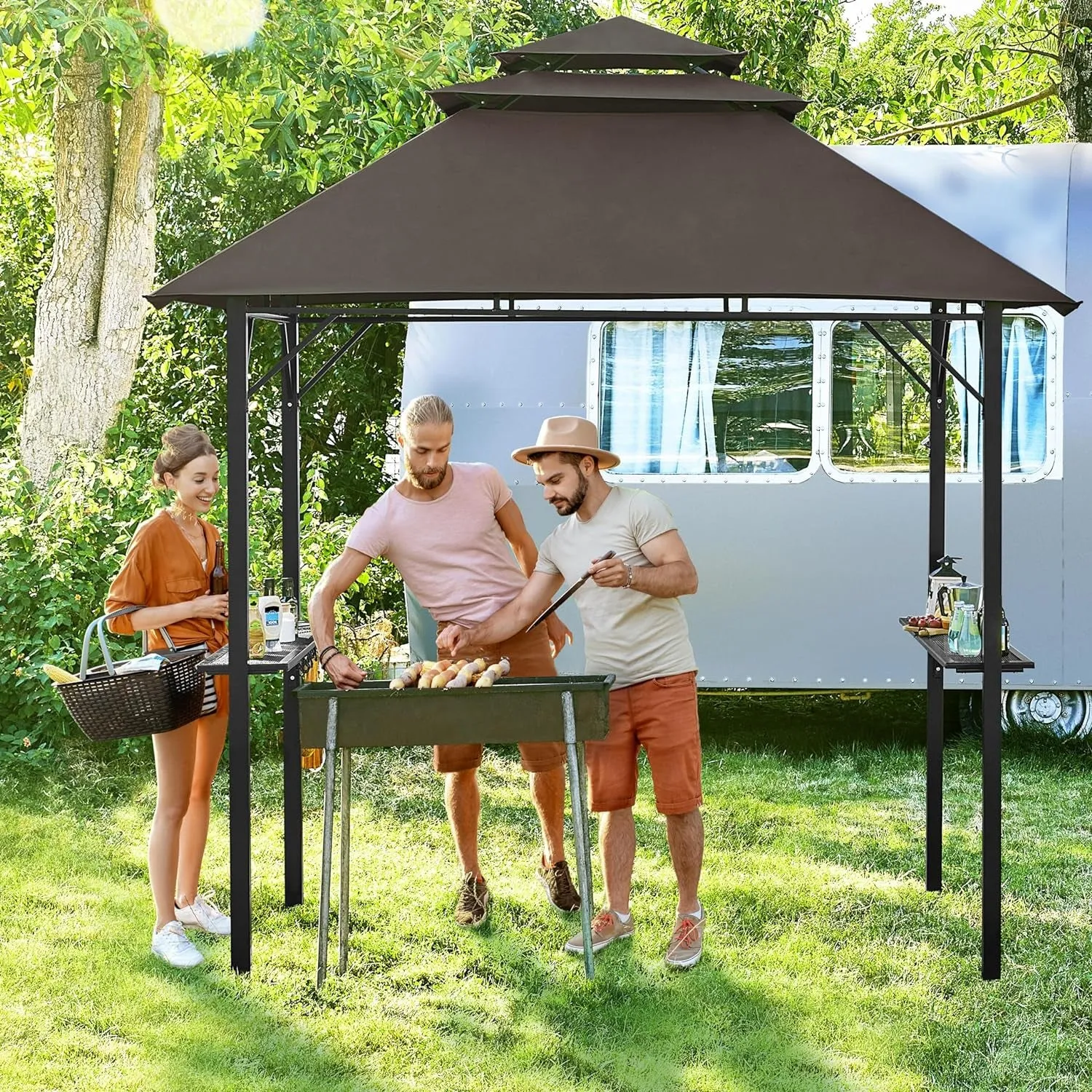 8X5' Grill Gazebo, 3-Tier Outdoor BBQ Gazebo with Height-Adjustable Shelves & 10 S-Shaped Hooks & Built-In Bottle Opener, Brown