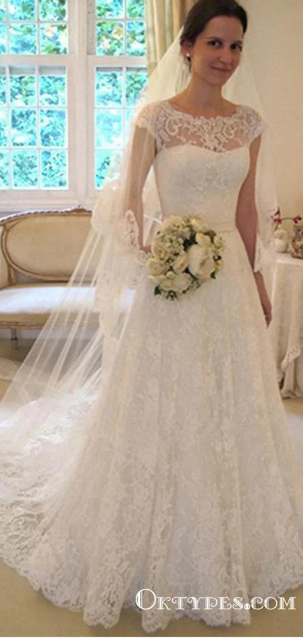 A-line Cap Sleeves Elegant White Lace Long Wedding Dresses with Sashes, TYP1942