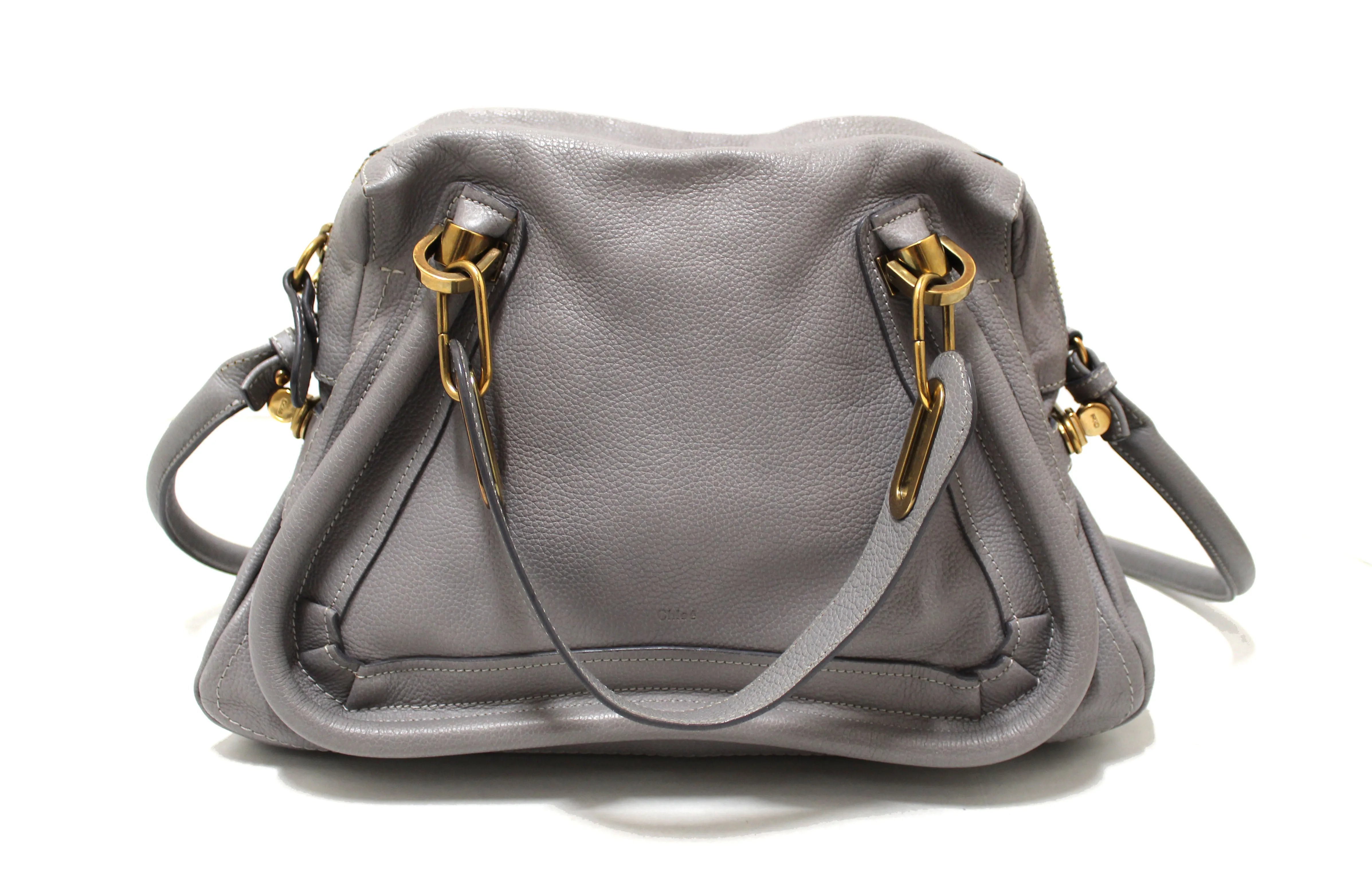 Authentic Chloe Paraty Grey Calfskin Leather Medium Shoulder Bag