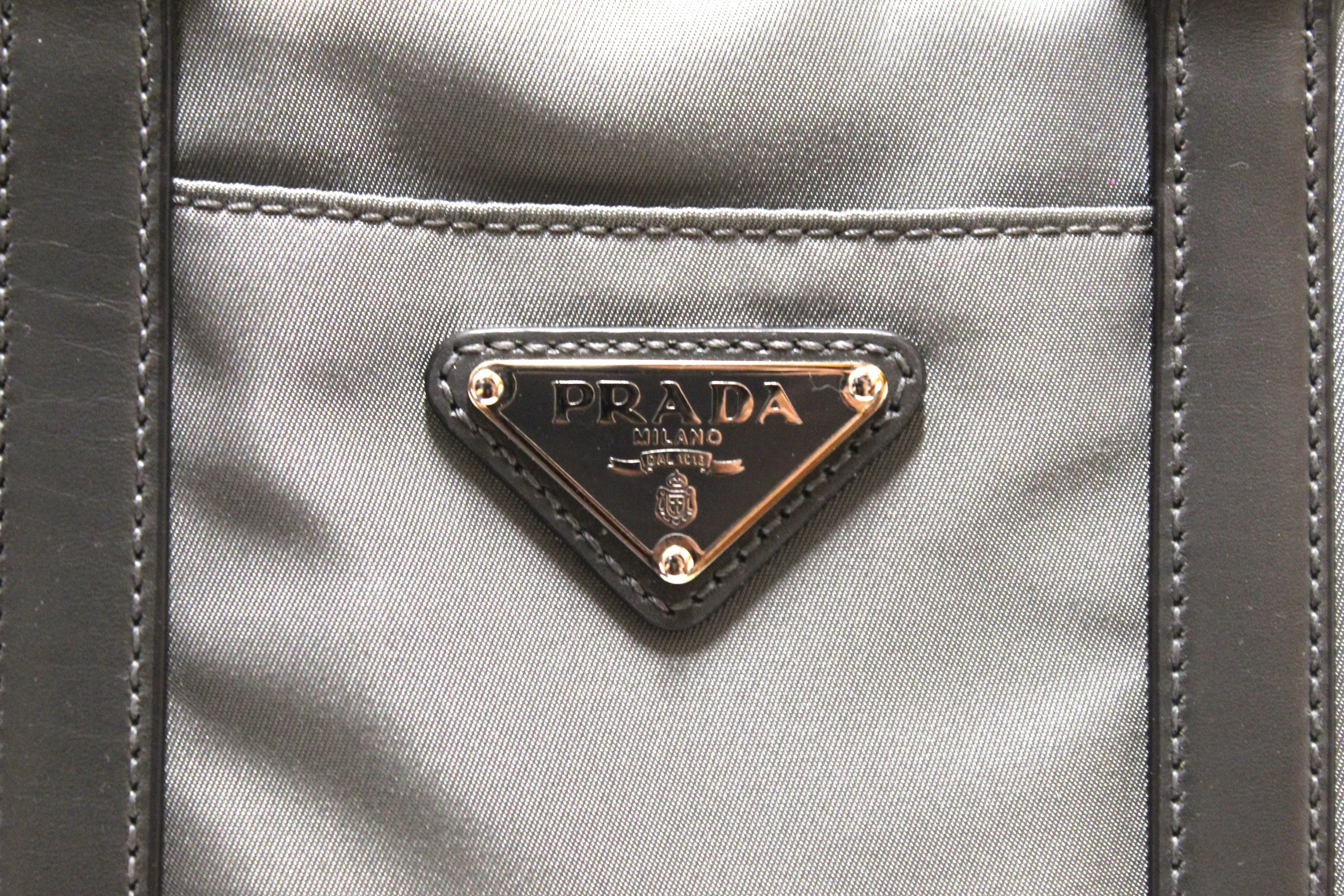 Authentic Prada Grey Nylon Small Tote Bag with Long Strap