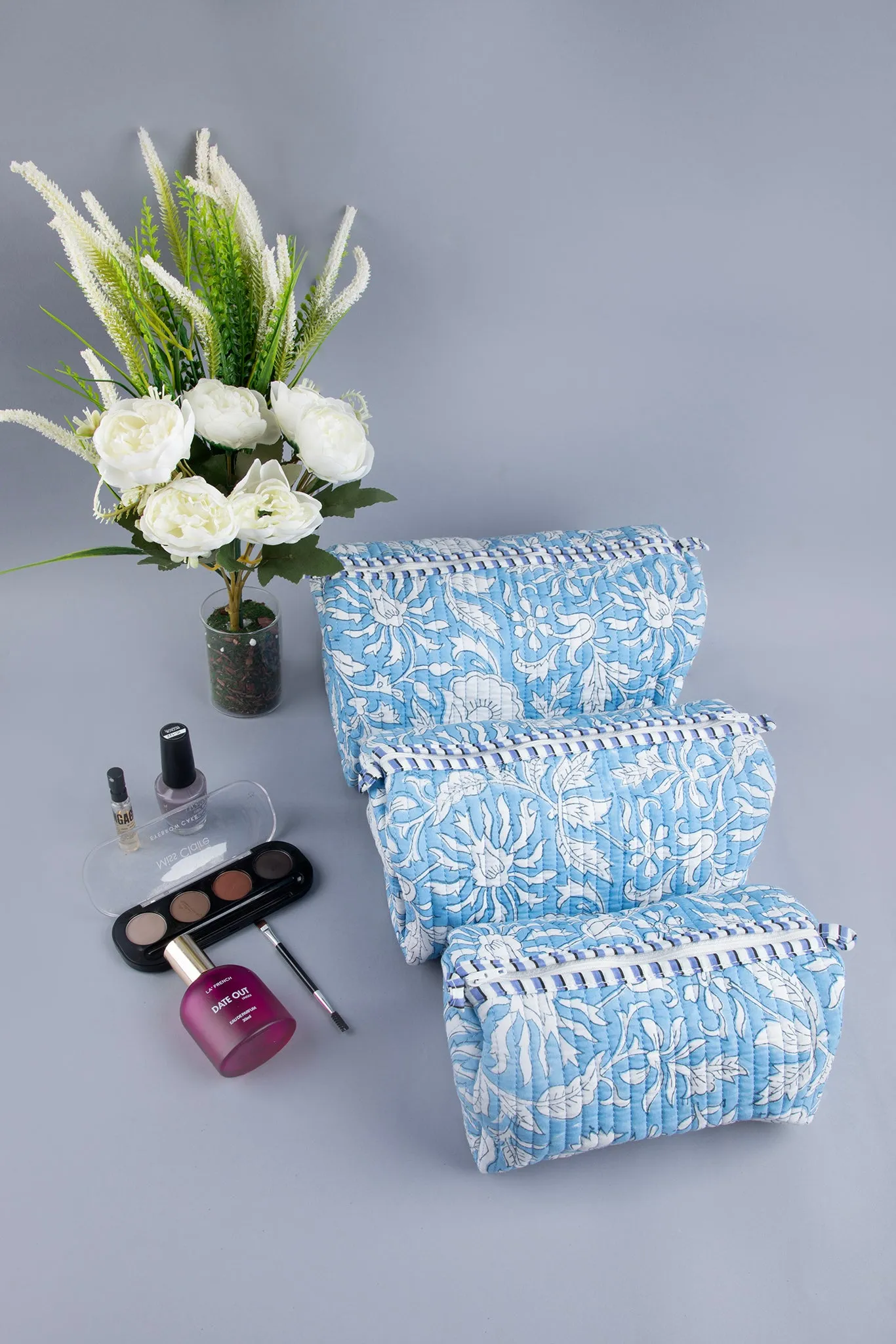 Baby Blue Quilted Pouches (Set of 3)