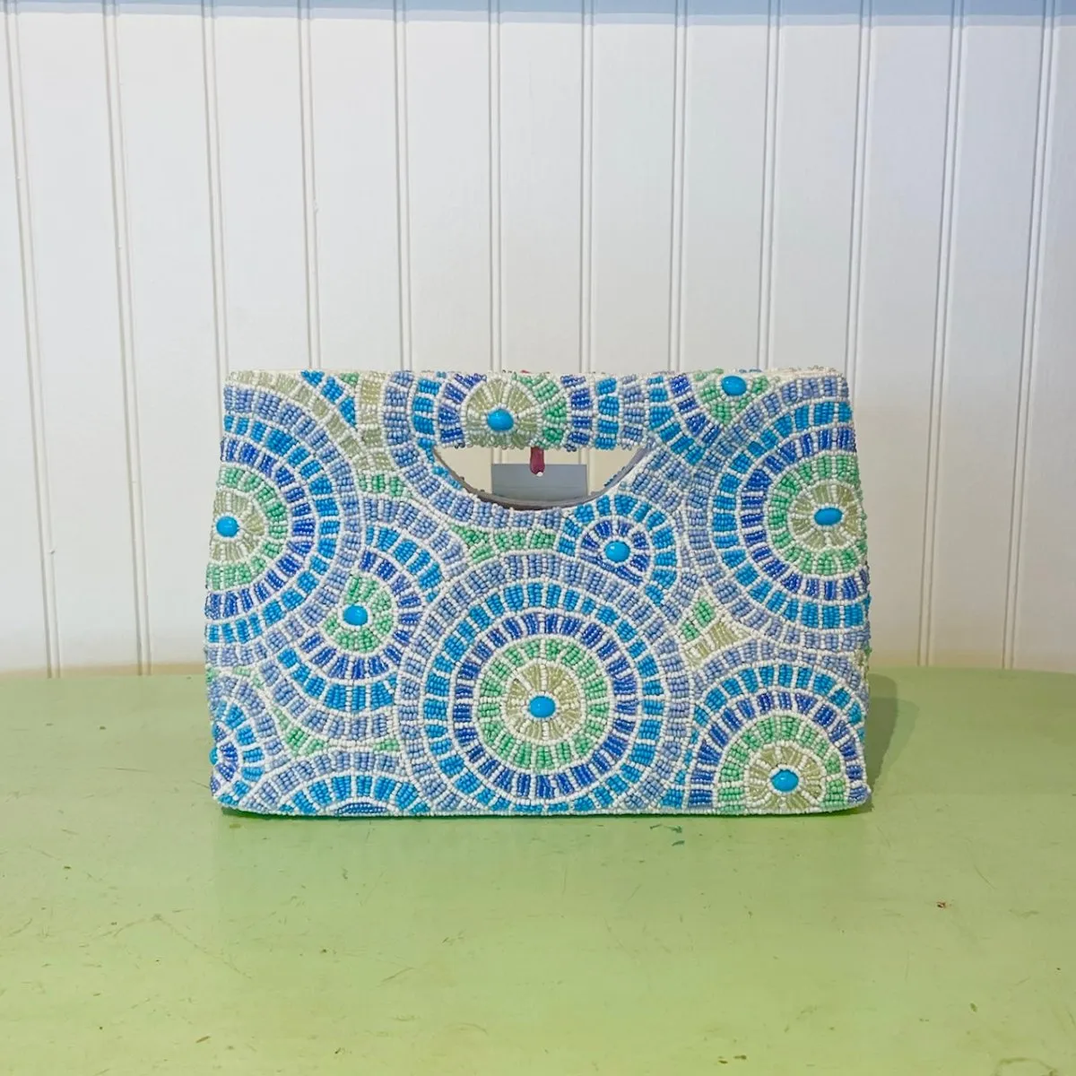 Beaded Statement Clutch, Seaglass Radiant Circle Mosaic, Bespoke Design