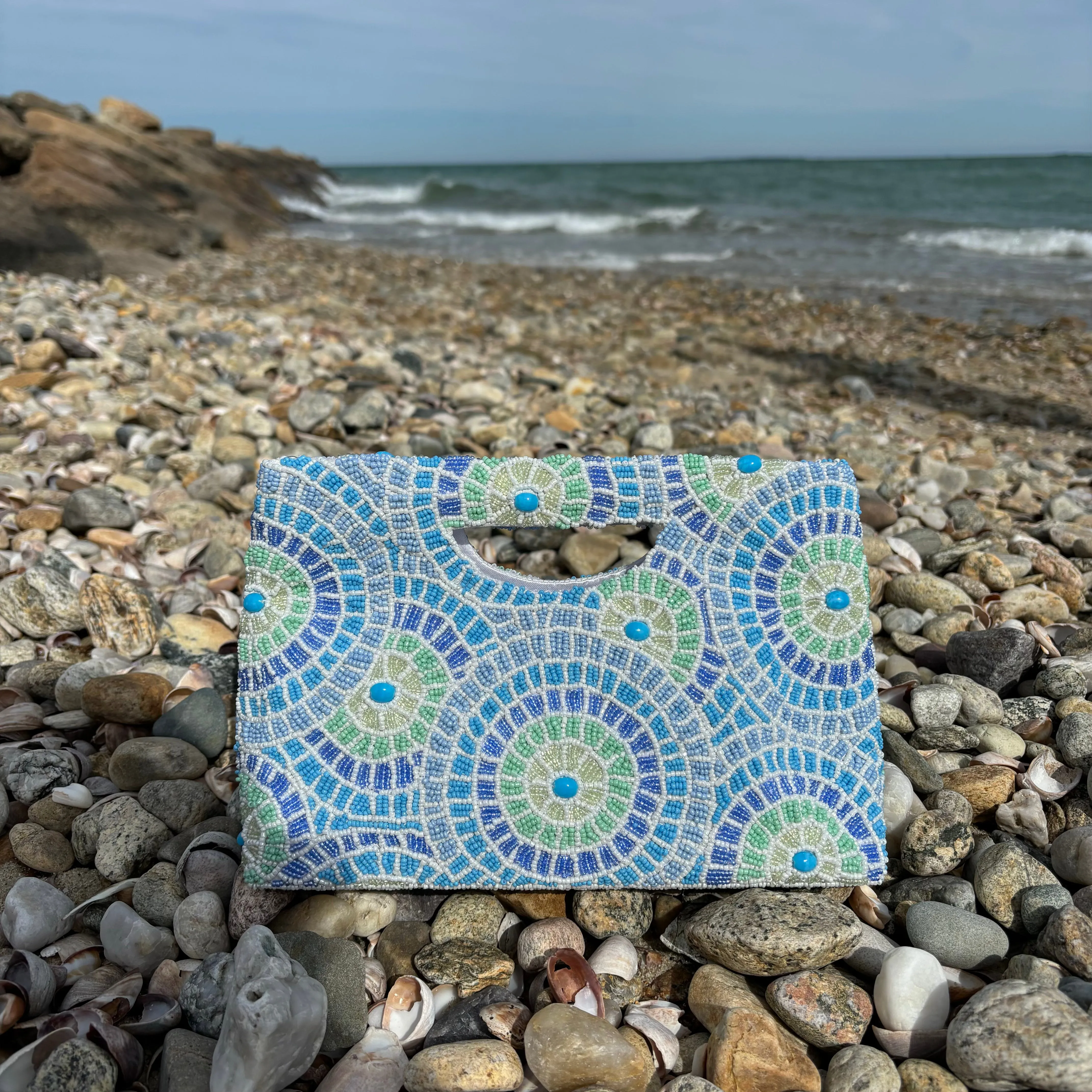 Beaded Statement Clutch, Seaglass Radiant Circle Mosaic, Bespoke Design