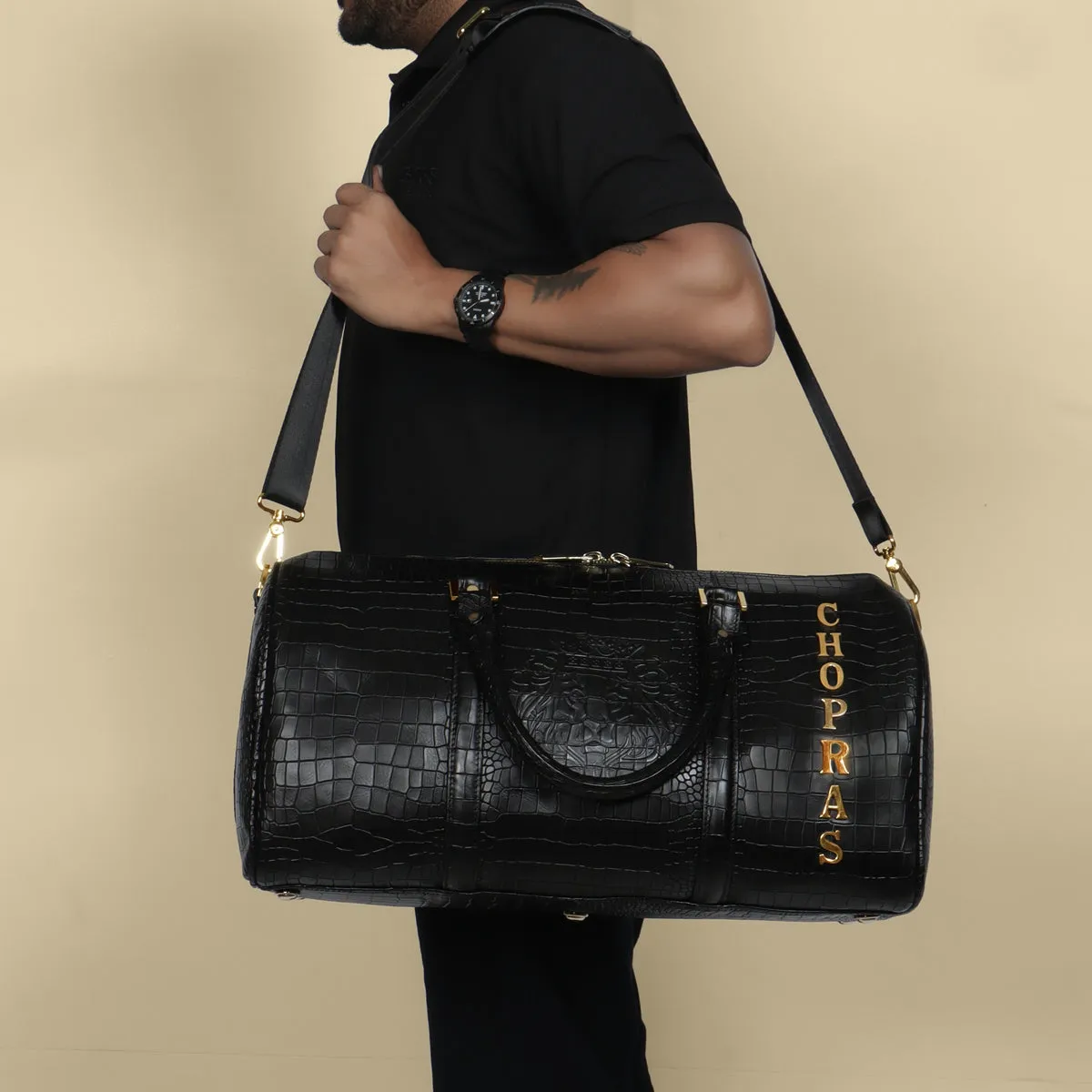 Bespoke "CHOPRAS" Metal Initial Deep cut Leather Duffle bag/Gym bag