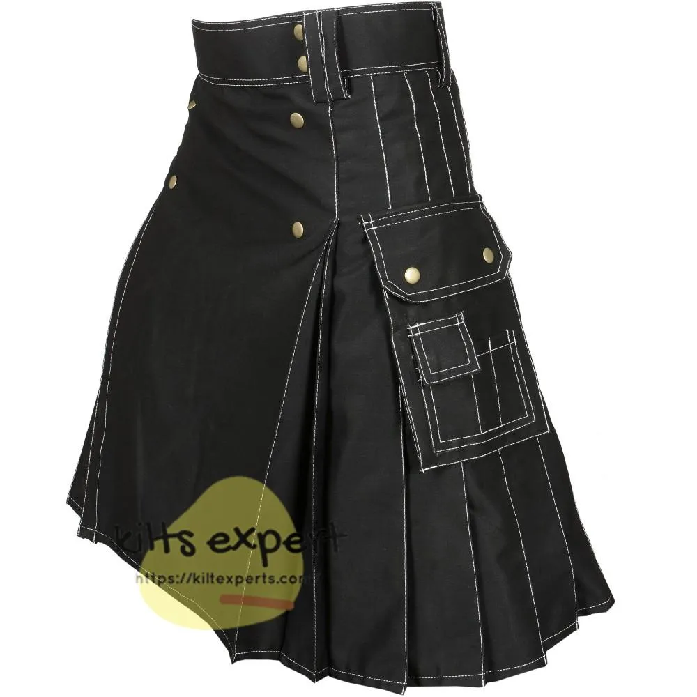 Black 4 Button Stylish Kilt With White Thread