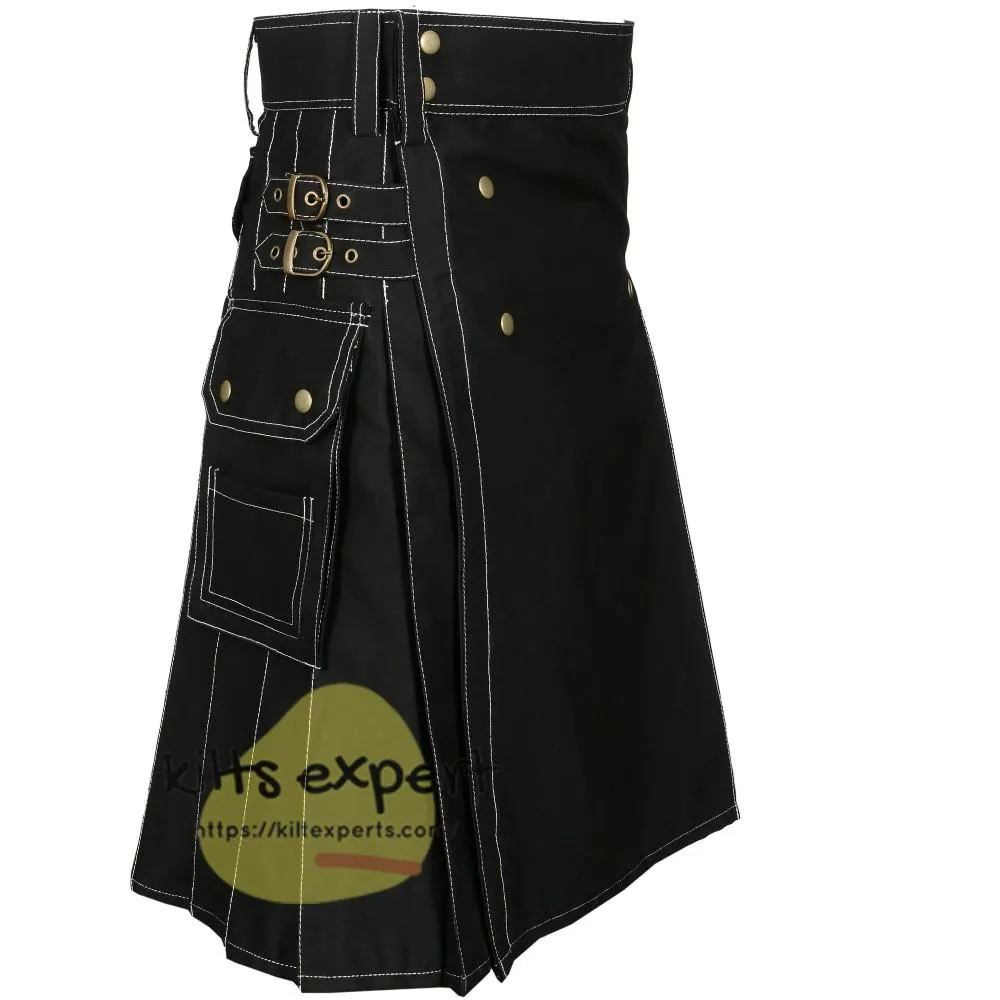 Black 4 Button Stylish Kilt With White Thread