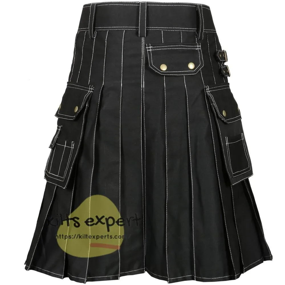 Black 4 Button Stylish Kilt With White Thread