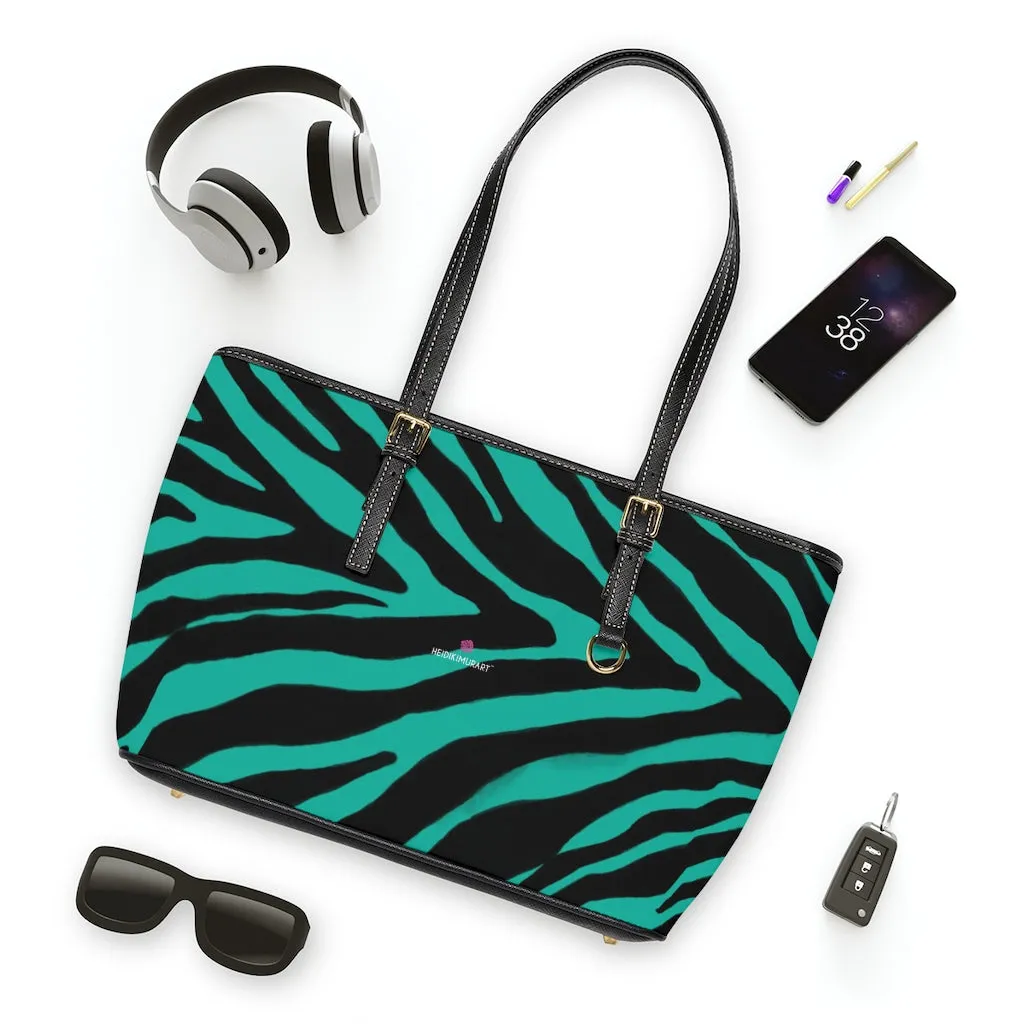 Blue Zebra Print Tote Bag, Animal Print PU Leather Shoulder Hand Work Bag 17"x11"/ 16"x10" For Ladies