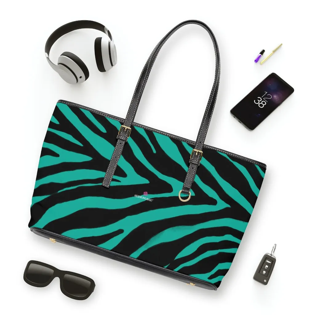 Blue Zebra Print Tote Bag, Animal Print PU Leather Shoulder Hand Work Bag 17"x11"/ 16"x10" For Ladies