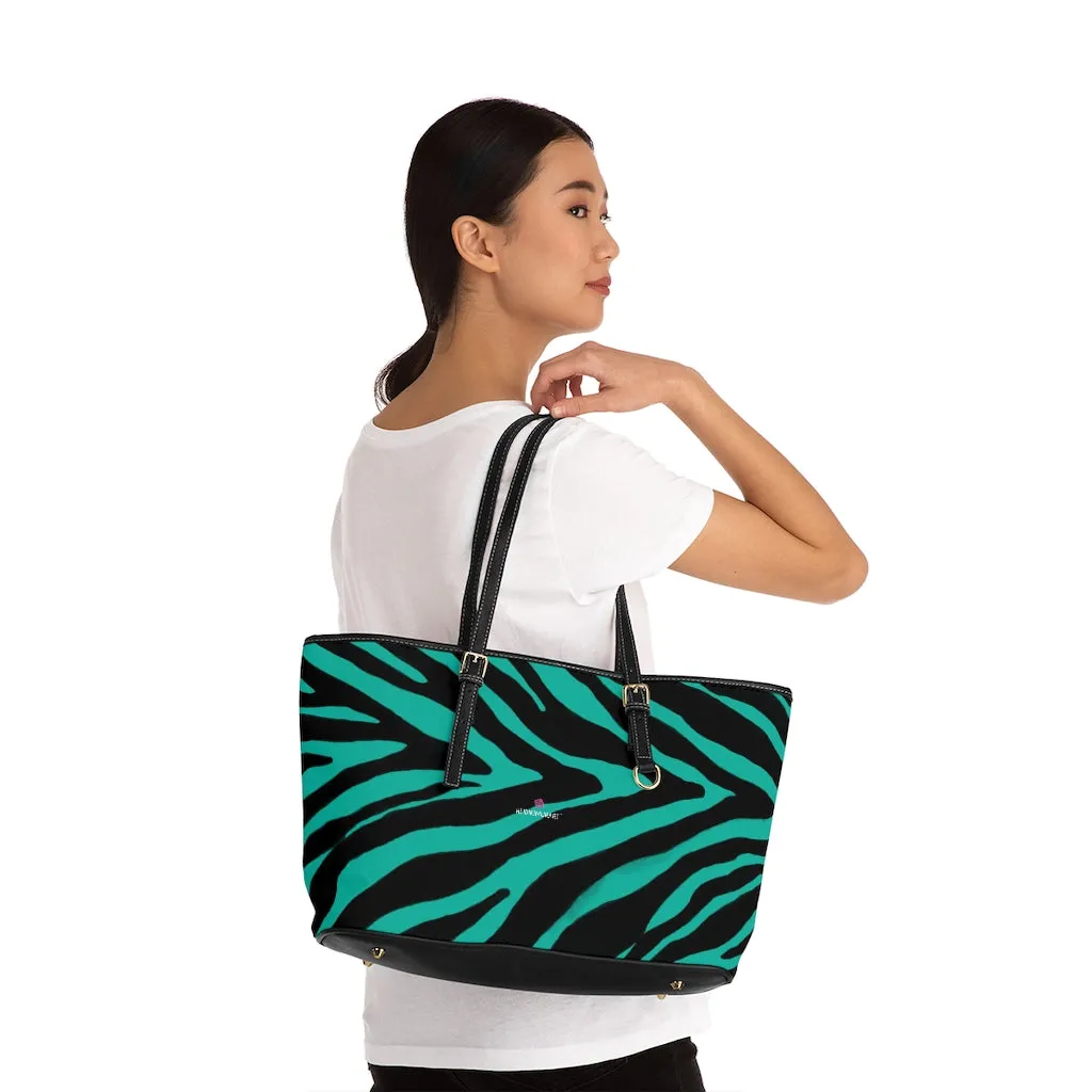 Blue Zebra Print Tote Bag, Animal Print PU Leather Shoulder Hand Work Bag 17"x11"/ 16"x10" For Ladies