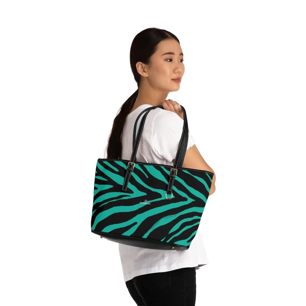 Blue Zebra Print Tote Bag, Animal Print PU Leather Shoulder Hand Work Bag 17"x11"/ 16"x10" For Ladies