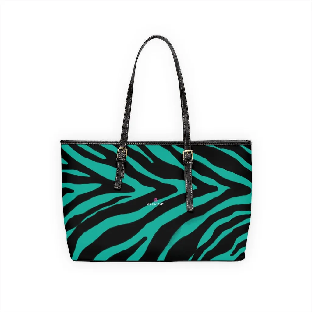 Blue Zebra Print Tote Bag, Animal Print PU Leather Shoulder Hand Work Bag 17"x11"/ 16"x10" For Ladies