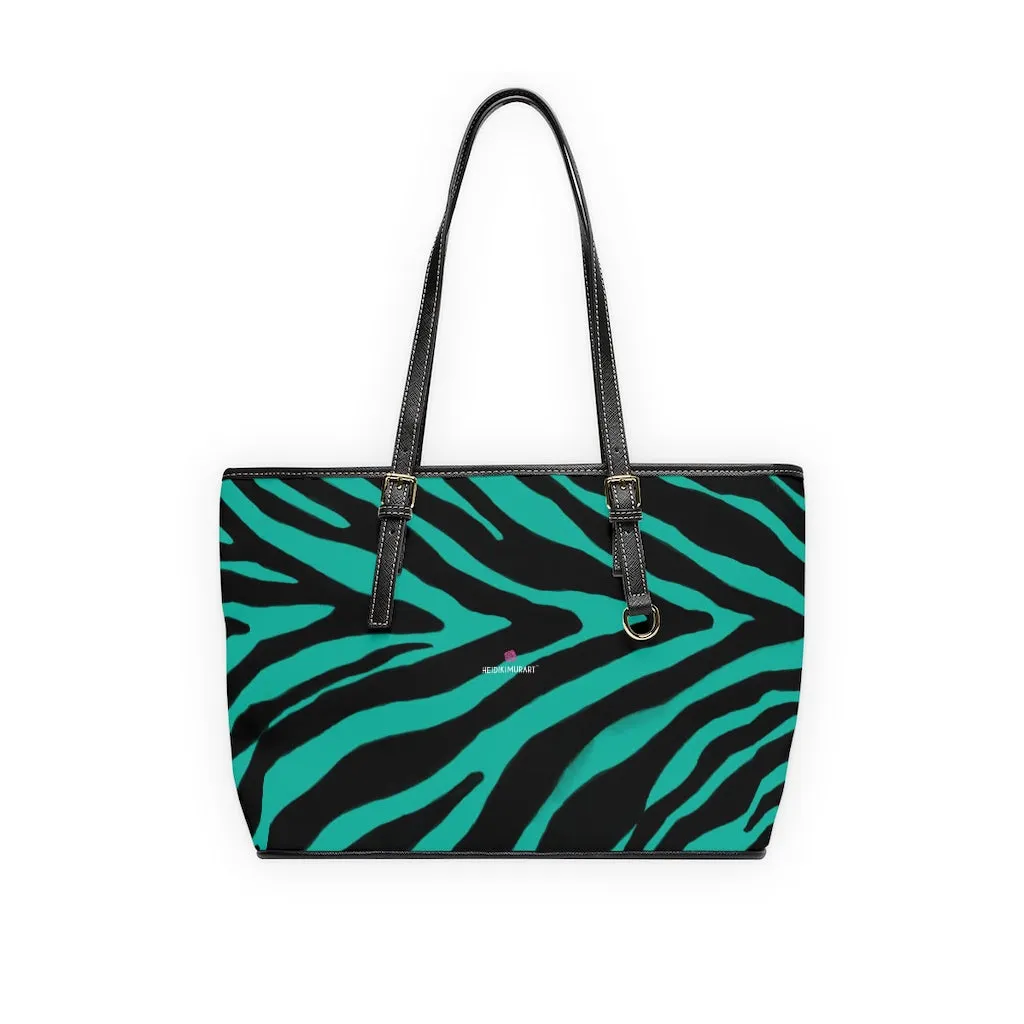 Blue Zebra Print Tote Bag, Animal Print PU Leather Shoulder Hand Work Bag 17"x11"/ 16"x10" For Ladies