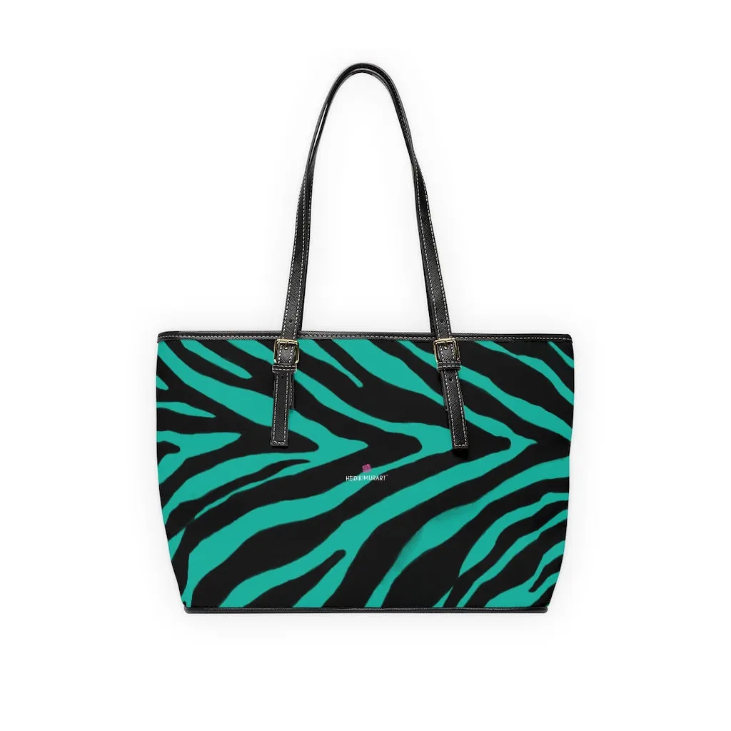 Blue Zebra Print Tote Bag, Animal Print PU Leather Shoulder Hand Work Bag 17"x11"/ 16"x10" For Ladies