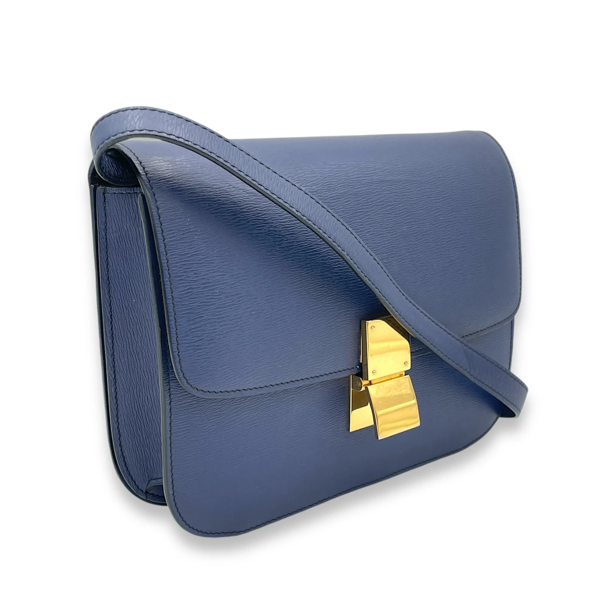 Box Medium Blue Crossbody Bag in Calfskin, Gold hardware