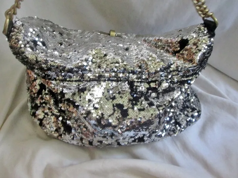 CESCA LONDON vegan sequin satchel shoulder flap bag purse SILVER BLACK L Glam