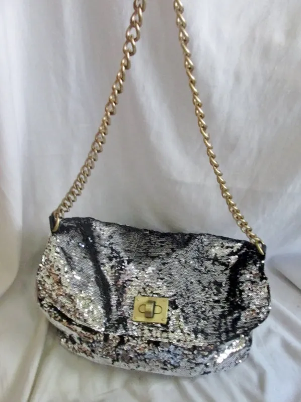 CESCA LONDON vegan sequin satchel shoulder flap bag purse SILVER BLACK L Glam