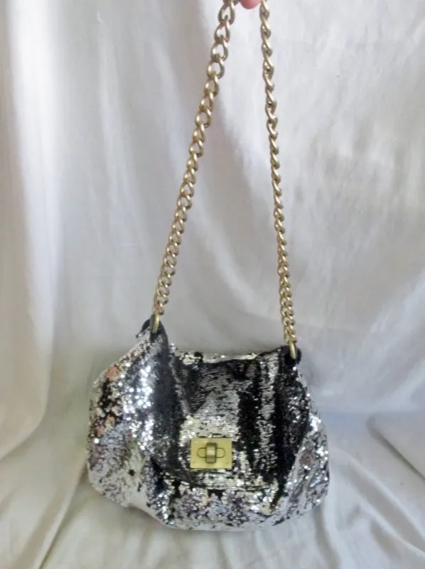 CESCA LONDON vegan sequin satchel shoulder flap bag purse SILVER BLACK L Glam