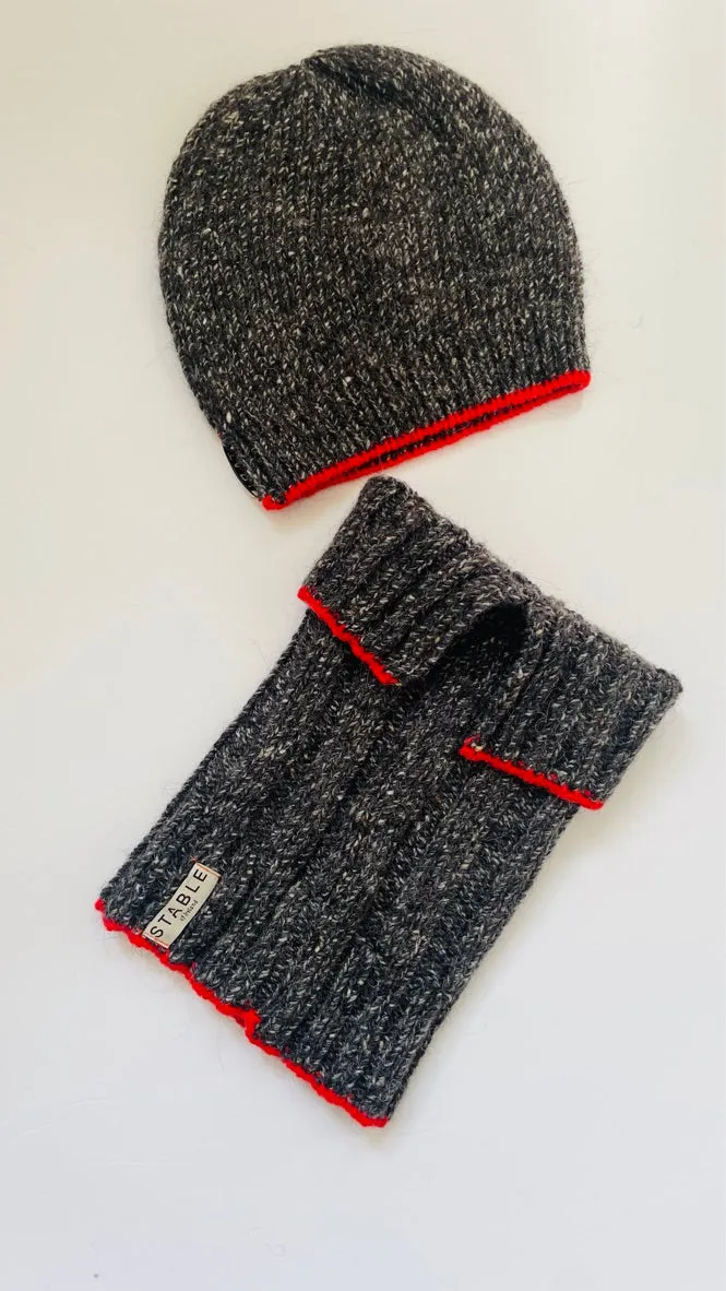 Charcoal Grey with Red Trim Merino Beanie