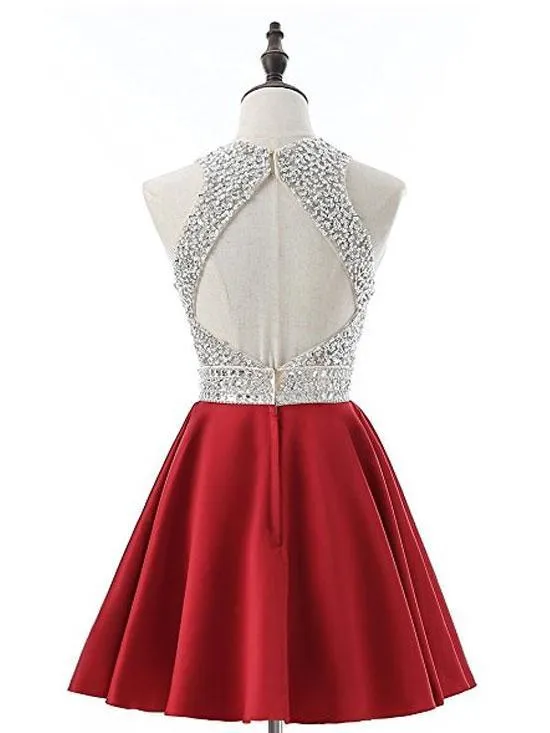 Cheap Halter Heavily Beaded Cute Red Homecoming Dresses 2018,  BDY0181