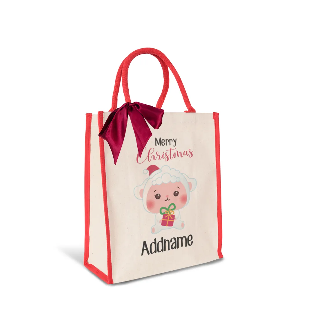 Christmas Cute Animal Series Merry Christmas Sheep Red Colour Lining Canvas Bag