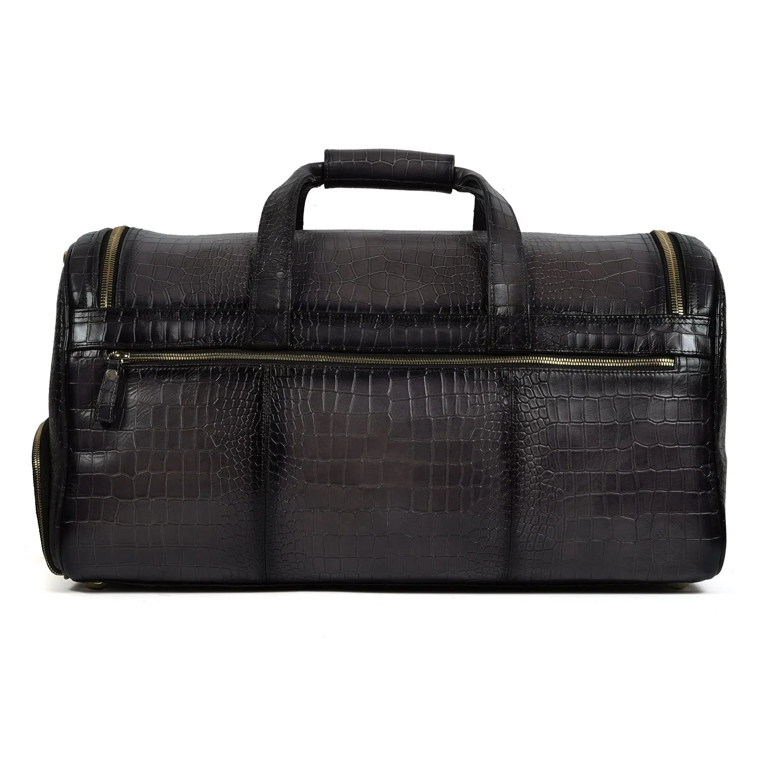 Croco Embossed Textured Grey Leather Duffle Bag