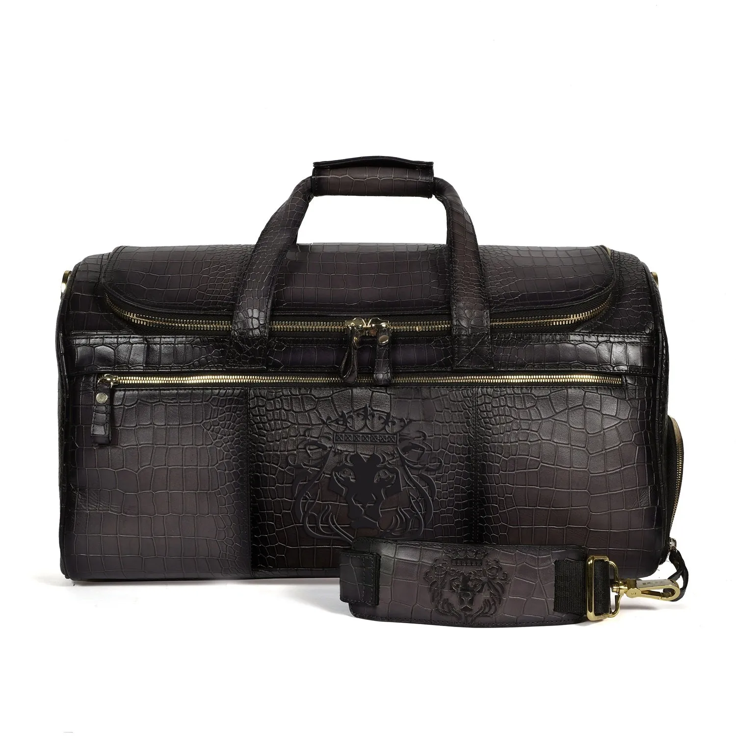 Croco Embossed Textured Grey Leather Duffle Bag