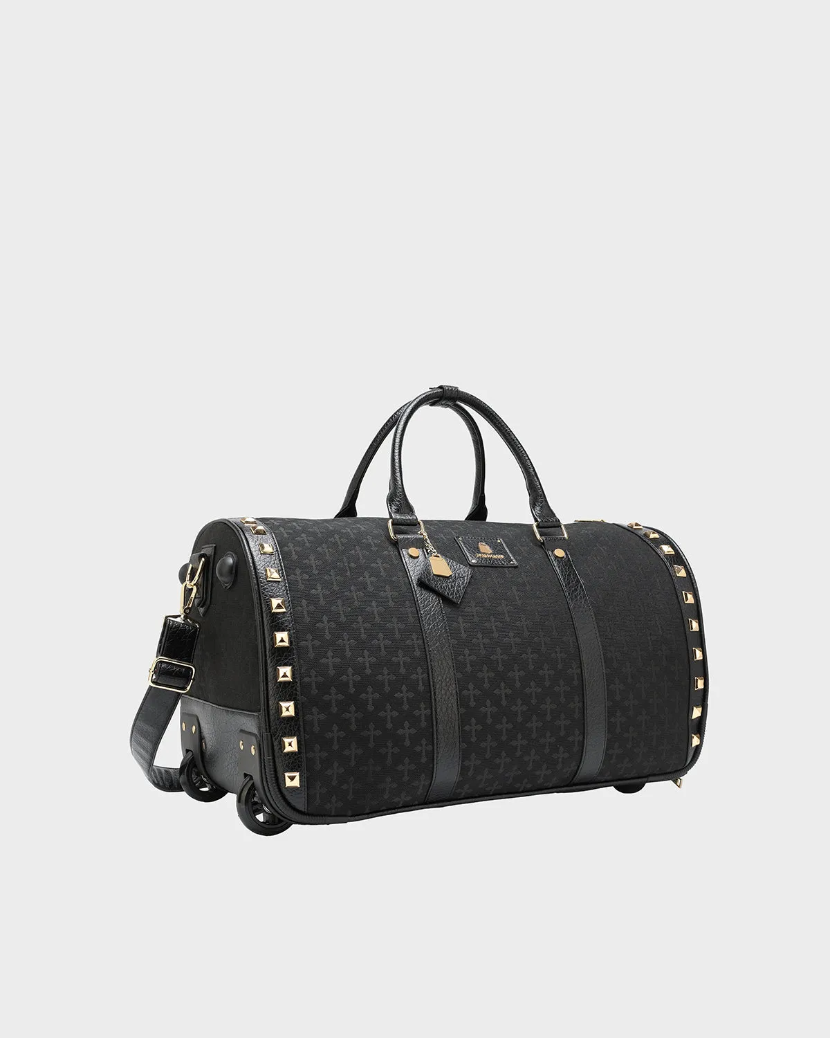 Cross Spiked Rolling Duffle Bag in Black