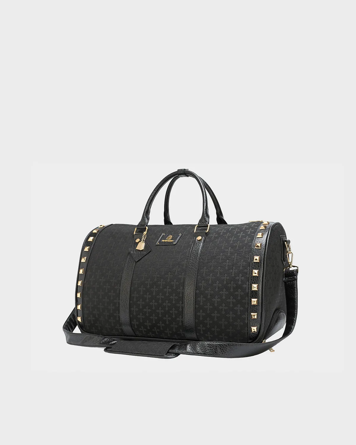 Cross Spiked Rolling Duffle Bag in Black