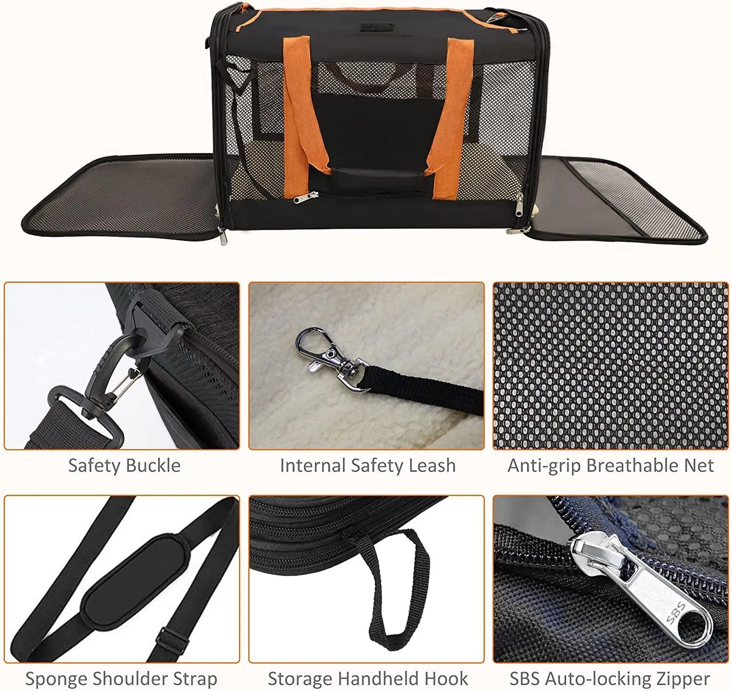 Cupets Foldable Airline Approved Pet Carrier with Safety Strap, Black