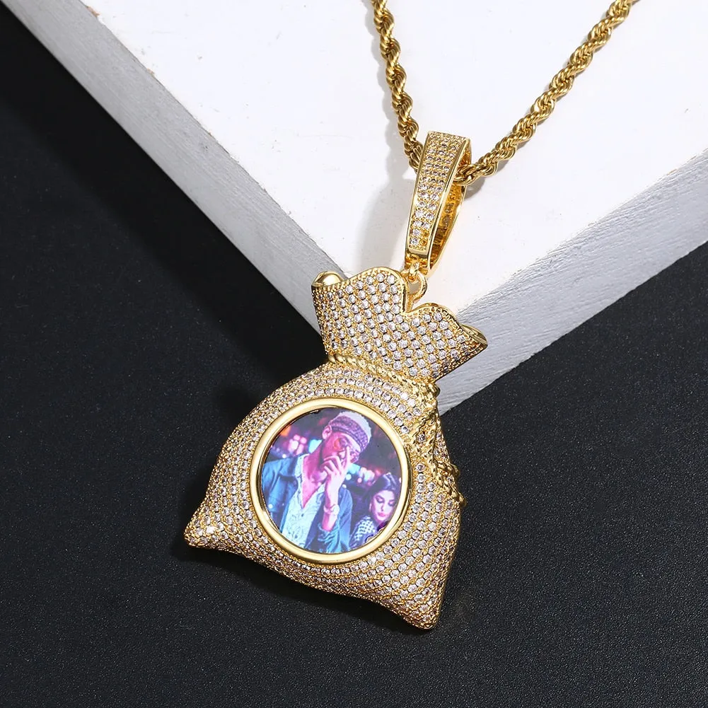 Custom 14k Gold Money Bag Pendant Photo Medallion Necklace