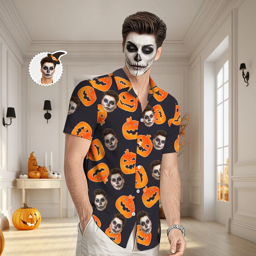 Custom Face Hawaiian Shirt Men's All Over Print Halloween Aloha Shirt Gift - Pumpkin