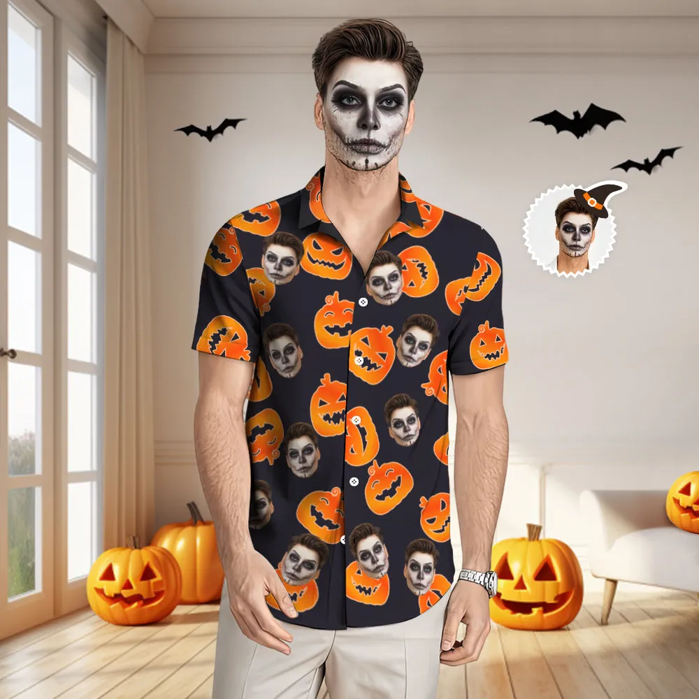 Custom Face Hawaiian Shirt Men's All Over Print Halloween Aloha Shirt Gift - Pumpkin