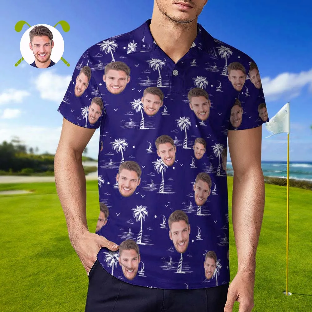 Custom Face Polo Shirt For Men Coconut Tree Island Personalised Hawaiian Golf Shirts