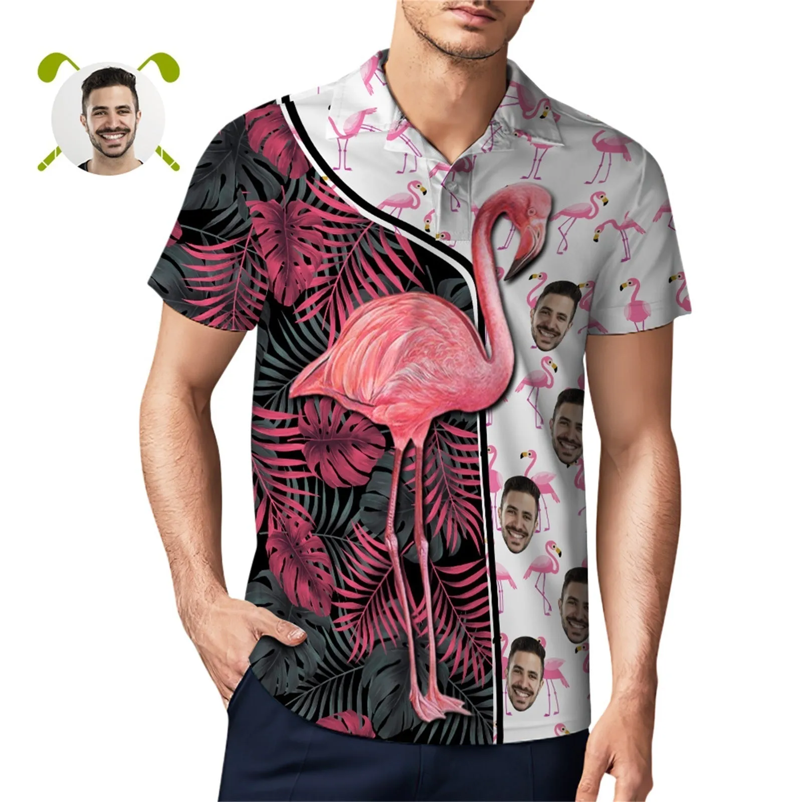 Custom Face Polo Shirt For Men Funny Flamingo Hawaiian Golf Shirts