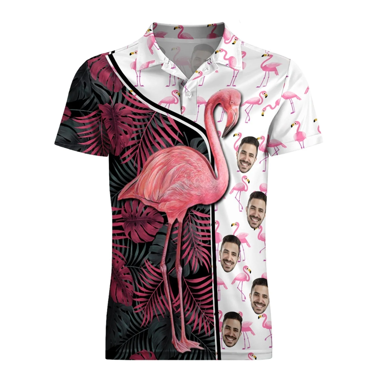 Custom Face Polo Shirt For Men Funny Flamingo Hawaiian Golf Shirts