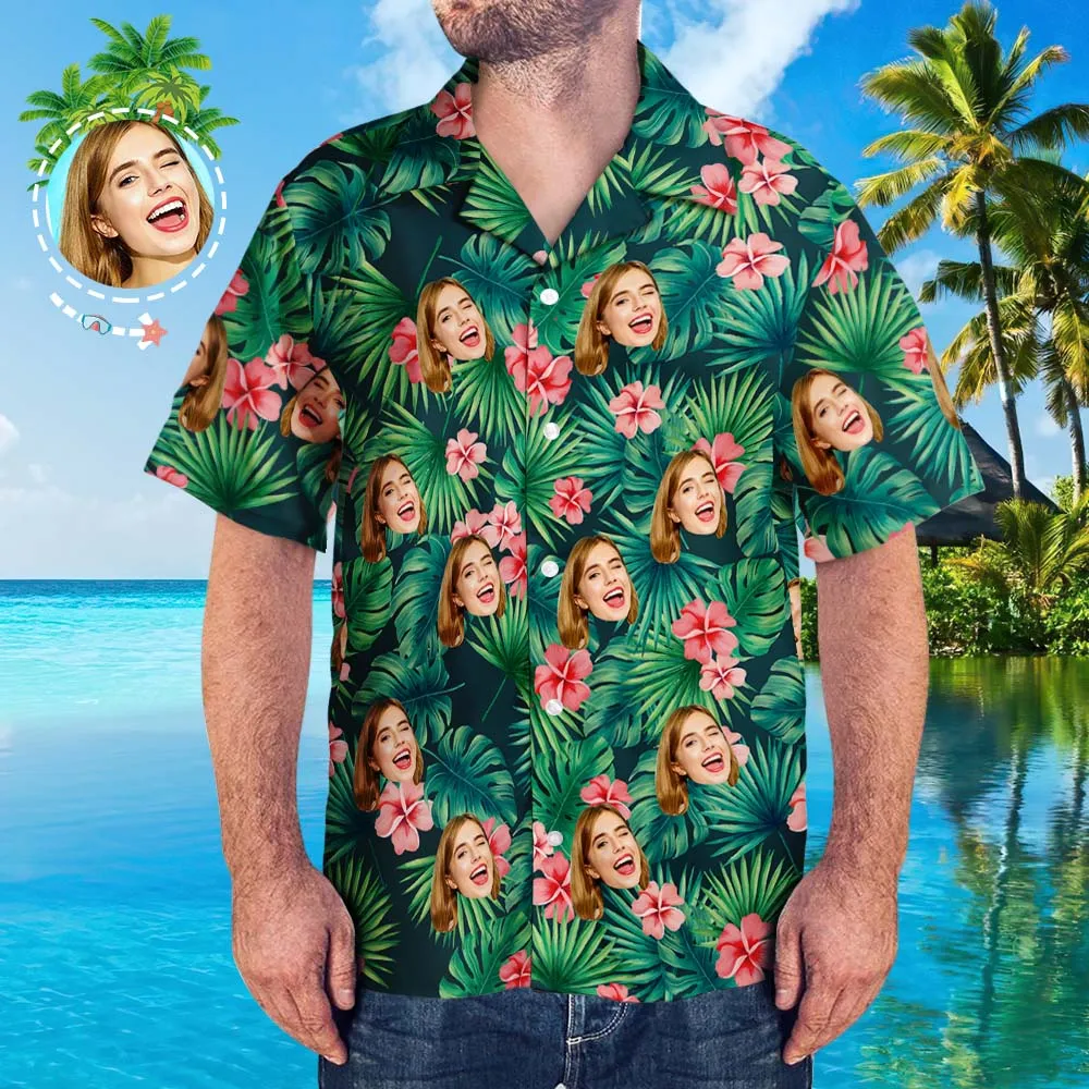 Custom Hawaiian Shirt with Dog Face Men's Hawaiian Shirt Red Flowers Casual Shirt