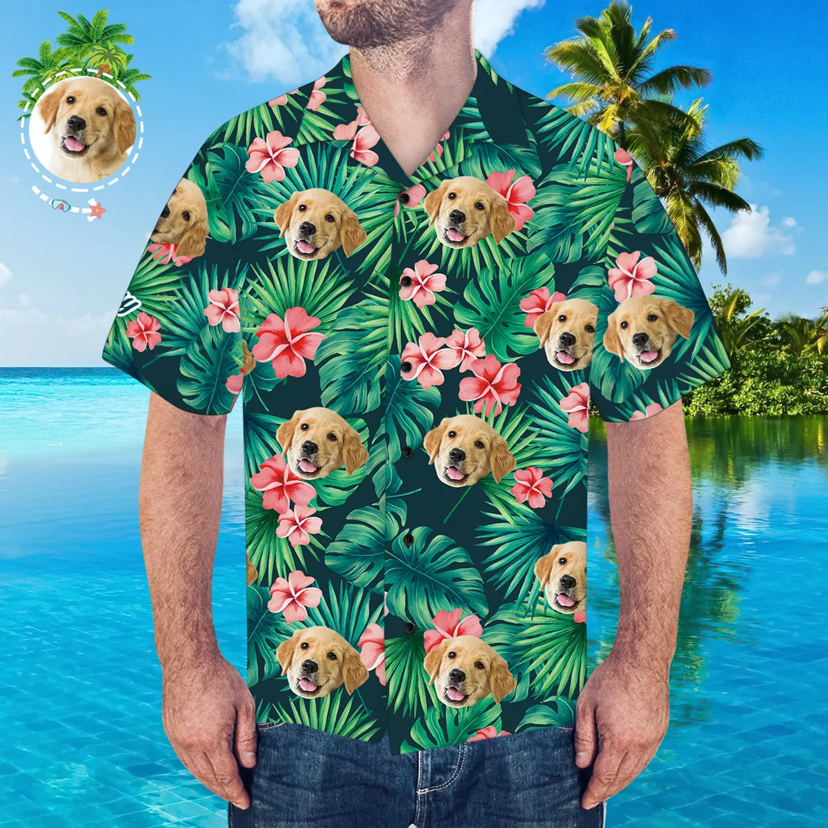 Custom Hawaiian Shirt with Dog Face Men's Hawaiian Shirt Red Flowers Casual Shirt